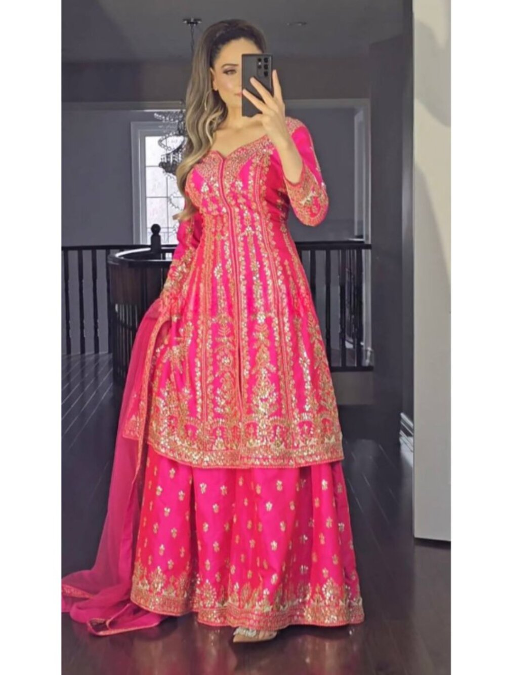 TENNECY Designer Pink Satin Silk Wedding Party Wear Dupatta Set with Heavy E
